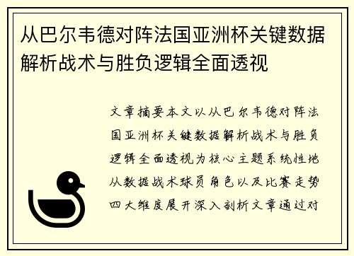 从巴尔韦德对阵法国亚洲杯关键数据解析战术与胜负逻辑全面透视