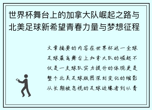 世界杯舞台上的加拿大队崛起之路与北美足球新希望青春力量与梦想征程